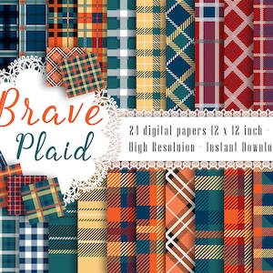 24 Orange and Dark Green Plaid Digital Papers in 12inch 300 Dpi Instant Download Commercial Use, Scrapbook Princess, Tartan, Gingham Check