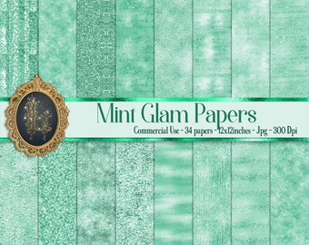 34 Mint Glam Digital Papers 12x12" Commercial Use Instant Download 300 DPI Glitter Sequin Luxury Background Wedding Background Metallic foil