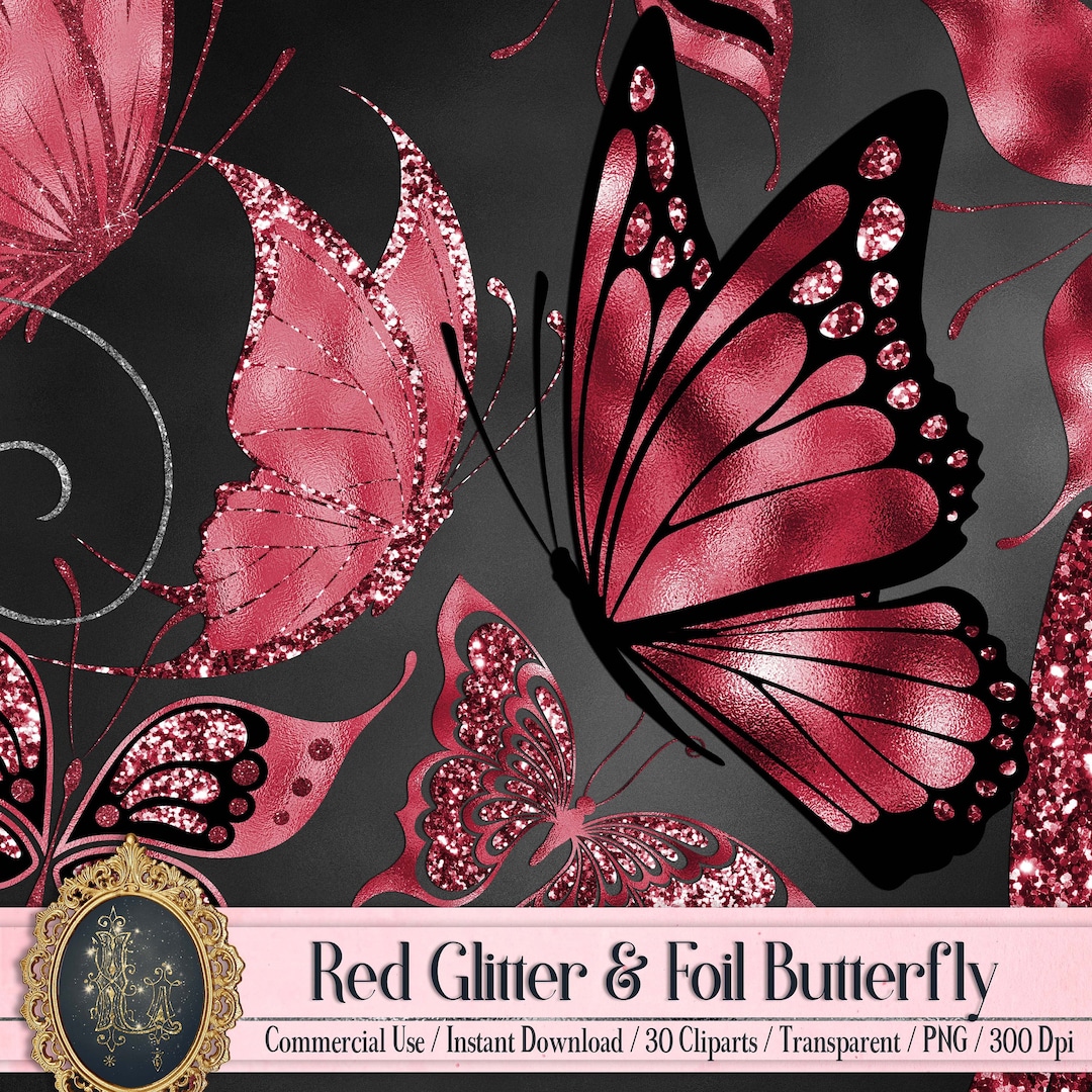 30 Red Ruby Foil and Glitter Butterfly Digital Images 300 Dpi Instant