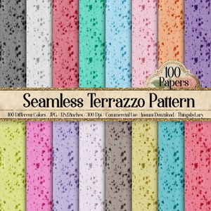 May include: 100 seamless digital paper patterns featuring a terrazzo design in various colors. Each pattern is 12x12 inches and 300 dpi.