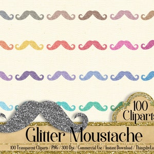 100 Glitter Moustache Clip Arts PNG Transparent Instant Download Commercial Use 300 Dpi, Father Day Scrapbook Kit Digital Clip Arts Movember