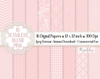 16 Seamless Luxury Blush Pink Digital Papers 300 dpi commercial use blush pink pattern pink damask art deco houndstooth wedding shabby chic