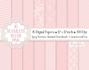 May include: A set of 16 digital papers in blush pink with various white geometric patterns. The papers are 12 x 12 inches and 300 dpi. They are in JPEG format and are for instant download and commercial use.