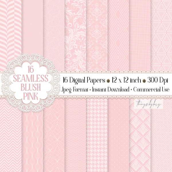 16 Seamless Luxury Blush Pink Digital Papers 300 dpi commercial use blush pink pattern pink damask art deco houndstooth wedding shabby chic