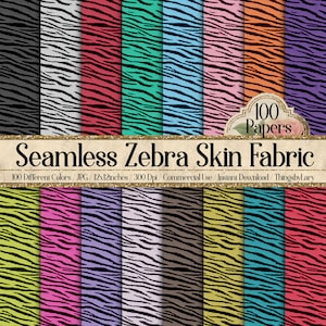 May include: A digital download of 100 seamless zebra print patterns in various colors. Each pattern is 12x12 inches and 300 dpi. The text "100 Papers" and "Seamless Zebra Skin Fabric" is displayed on the image.