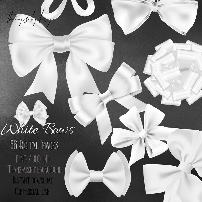 May include: 56 digital images of white satin bows in various sizes and styles, including a large bow, a small bow, and a bow with a center knot. The images have a transparent background.