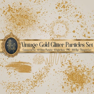 May include: A set of 60 gold glitter particles and 10 light flares, perfect for adding a touch of sparkle to your digital designs. The particles are in PNG format and are 300 DPI.