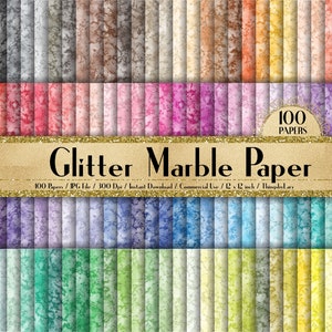 Op de afbeelding: Een set van 100 digitale papieren met glittermarmerontwerpen in verschillende kleuren. De papieren zijn 12 x 2 inch en 300 dpi. De tekst "100 Papers", "Glitter Marble Paper", "100 Papers/JPG File/300 Dpi/Instant Download/Commercial Use/12 x 2 inch/ThingsbyLary" wordt weergegeven op een gouden banner.