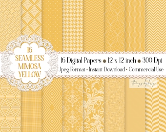 16 Seamless Luxury Mimosa Yellow Digital Papers 300 dpi commercial use yellow damask art deco houndstooth summer shine bright herringbone