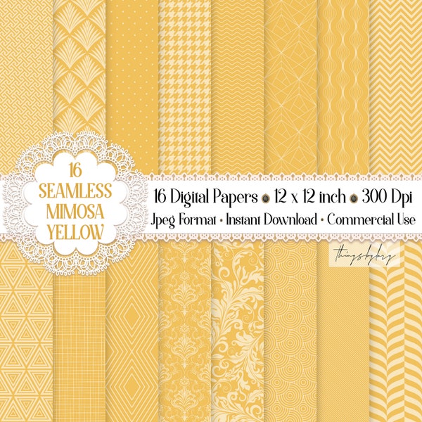 16 Seamless Luxury Mimosa Yellow Digital Papers 300 dpi commercial use yellow damask art deco houndstooth summer shine bright herringbone