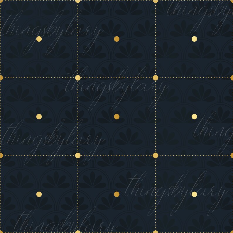 Puede incluir: Un fondo azul oscuro con un patr&oacute;n repetido de formas florales estilizadas. El fondo est&aacute; superpuesto con una cuadr&iacute;cula de puntos dorados y un patr&oacute;n repetido del texto "thingsbylarry".