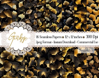 16 Seamless Black and Gold Ginkgo Leaf Digital Papers commercial use gingko golden Seamless modern floral ginkgo biloba leaves Minimal Style