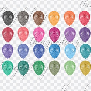May include: Set of 24 glitter balloons in various colors, including red, pink, purple, blue, green, brown, orange, and gray. The balloons are all round and have a shiny, sparkly finish.