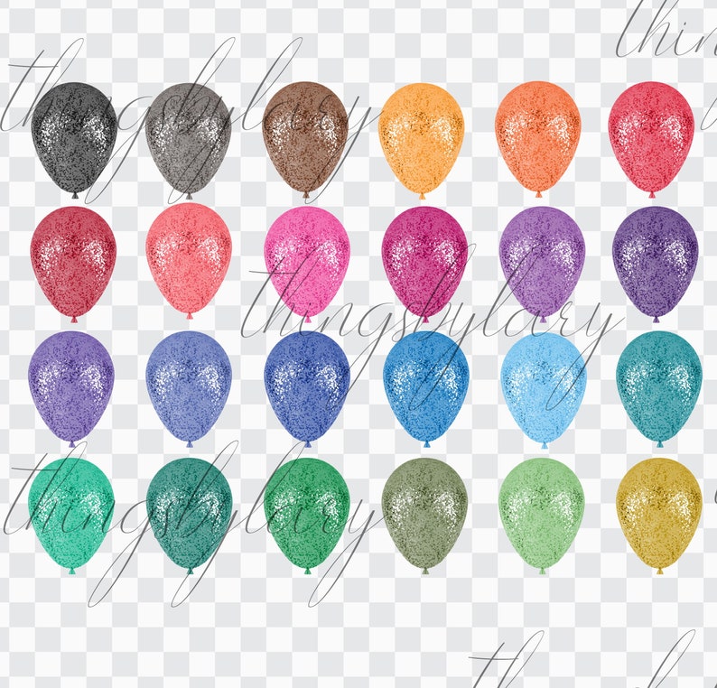 May include: Set of 24 glitter balloons in various colors, including red, pink, purple, blue, green, brown, orange, and gray. The balloons are all round and have a shiny, sparkly finish.