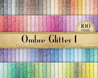 May include: 100 digital papers featuring ombre glitter patterns in various colours. Each paper is 12 inches by 12 inches and 300 DPI.