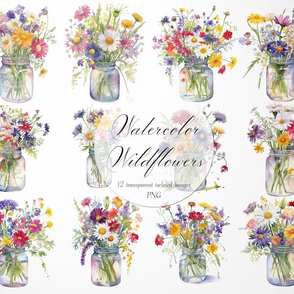 12 Watercolor Wildflower in a Mason Jar Ephemera Isolated Transparent Digital Images 300 Dpi PNG Instant Download Commercial Use Shabby Chic