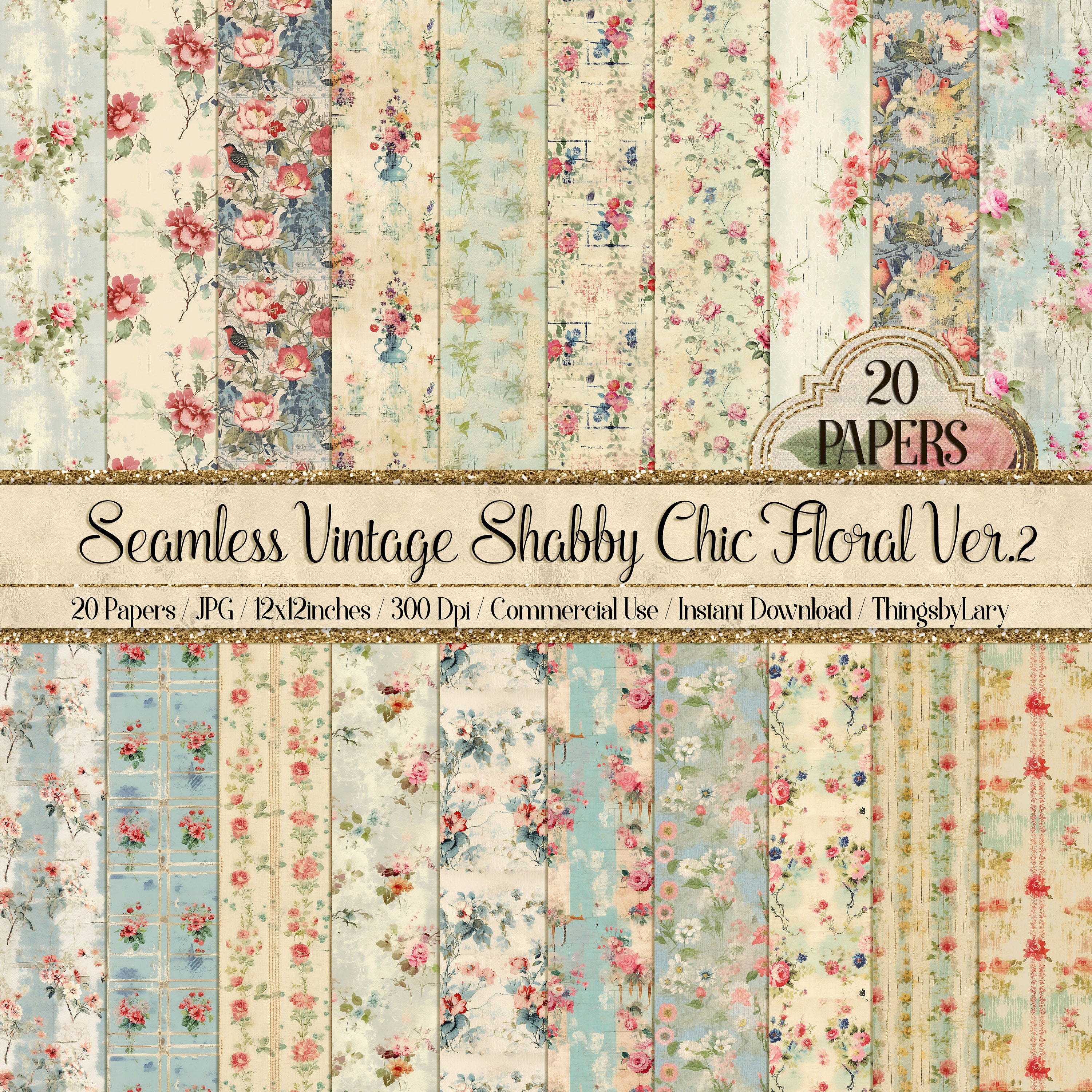 20 Seamless Vintage Decoupage Shabby Chic Ver 2 Digital Papers ...