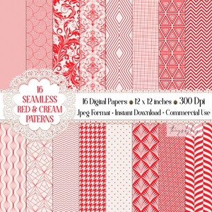 Puede incluir: Conjunto de 16 papeles digitales con patrones sin costuras en rojo y crema. Los patrones incluyen formas geométricas, diseños florales y lunares. Cada papel mide 30,5 cm por 30,5 cm y 300 DPI.