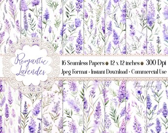 16 Seamless Watercolor Lavender Flower Digital Papers 300 Dpi commercial use painted Provence papers pastel lavender wedding Provence French