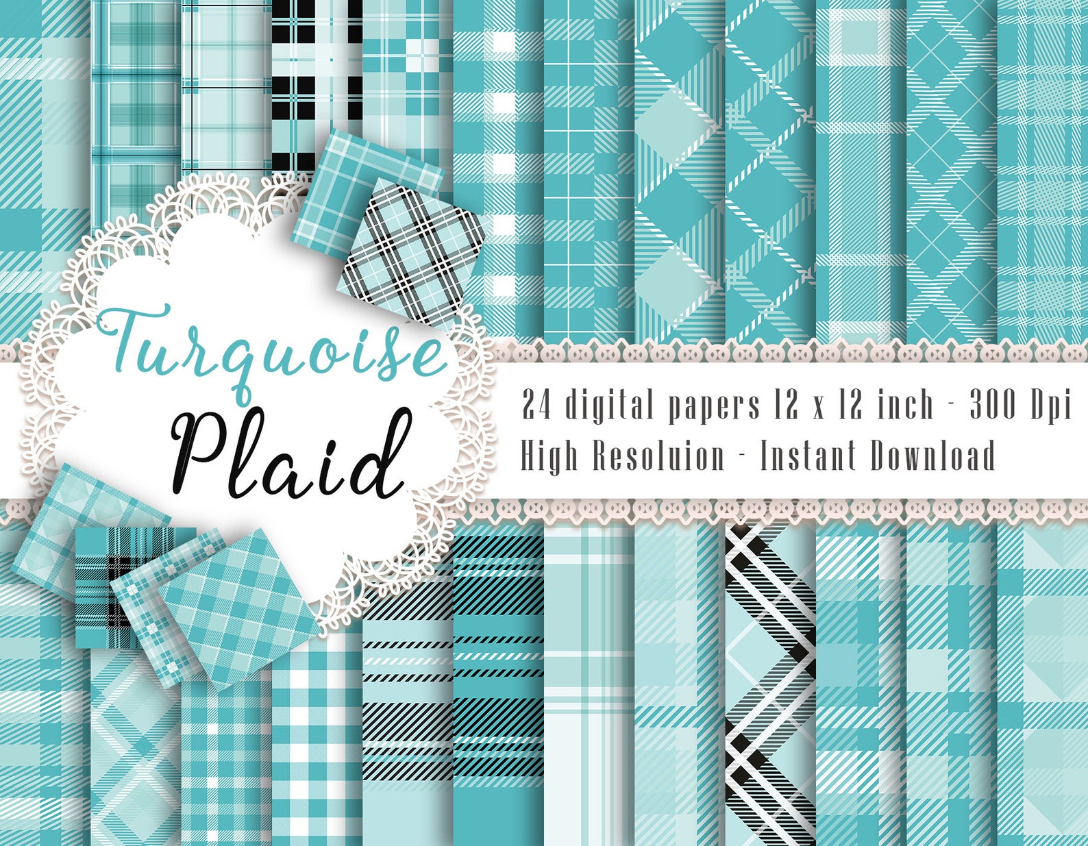 24 Turquoise Plaid Digital Papers in 12 X 12 Inch 300 Dpi Instant ...