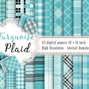 24 Turquoise Plaid Digital Papers in 12 x 12 inch 300 Dpi Instant Download, Scrapbook Papers, Tartan, Gingham, Check, Commercial Use