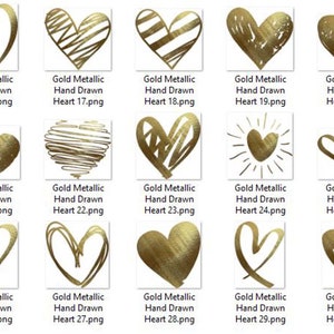 Op de afbeelding: Een set van 30 handgetekende gouden metallic harten. De harten zijn in verschillende stijlen, waaronder eenvoudige contouren, gevulde vormen en ingewikkelde ontwerpen.