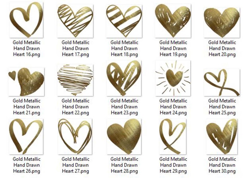 Op de afbeelding: Een set van 30 handgetekende gouden metallic harten. De harten zijn in verschillende stijlen, waaronder eenvoudige contouren, gevulde vormen en ingewikkelde ontwerpen.