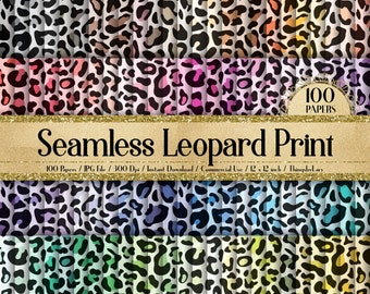 May include: A digital download of 100 seamless leopard print patterns in various colors. Each pattern is 2 inches by 2 inches and 300 dpi. The text "100 Papers" and "Seamless Leopard Print" is displayed on the image.
