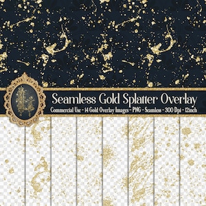 May include: A set of 14 seamless gold splatter overlay images. The images are high resolution, 300 dpi, and 12 inches in size. They are perfect for adding a touch of gold to your designs.