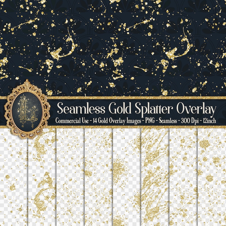 May include: A set of 14 seamless gold splatter overlay images. The images are high resolution, 300 dpi, and 12 inches in size. They are perfect for adding a touch of gold to your designs.