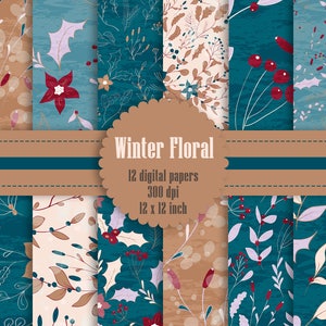 12 Winter Floral Digital Papers in Vintage Theme Color in 12 inch, Instant Download, High Resolution 300 Dpi, Commercial Use