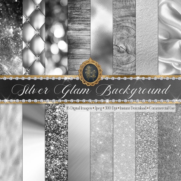 16 Luxury Silver Glam Digital Papers 12x12" 300 dpi commercial use instant download Bokeh Glitter Foil Metallic Sequin Satin Silk Wood Print