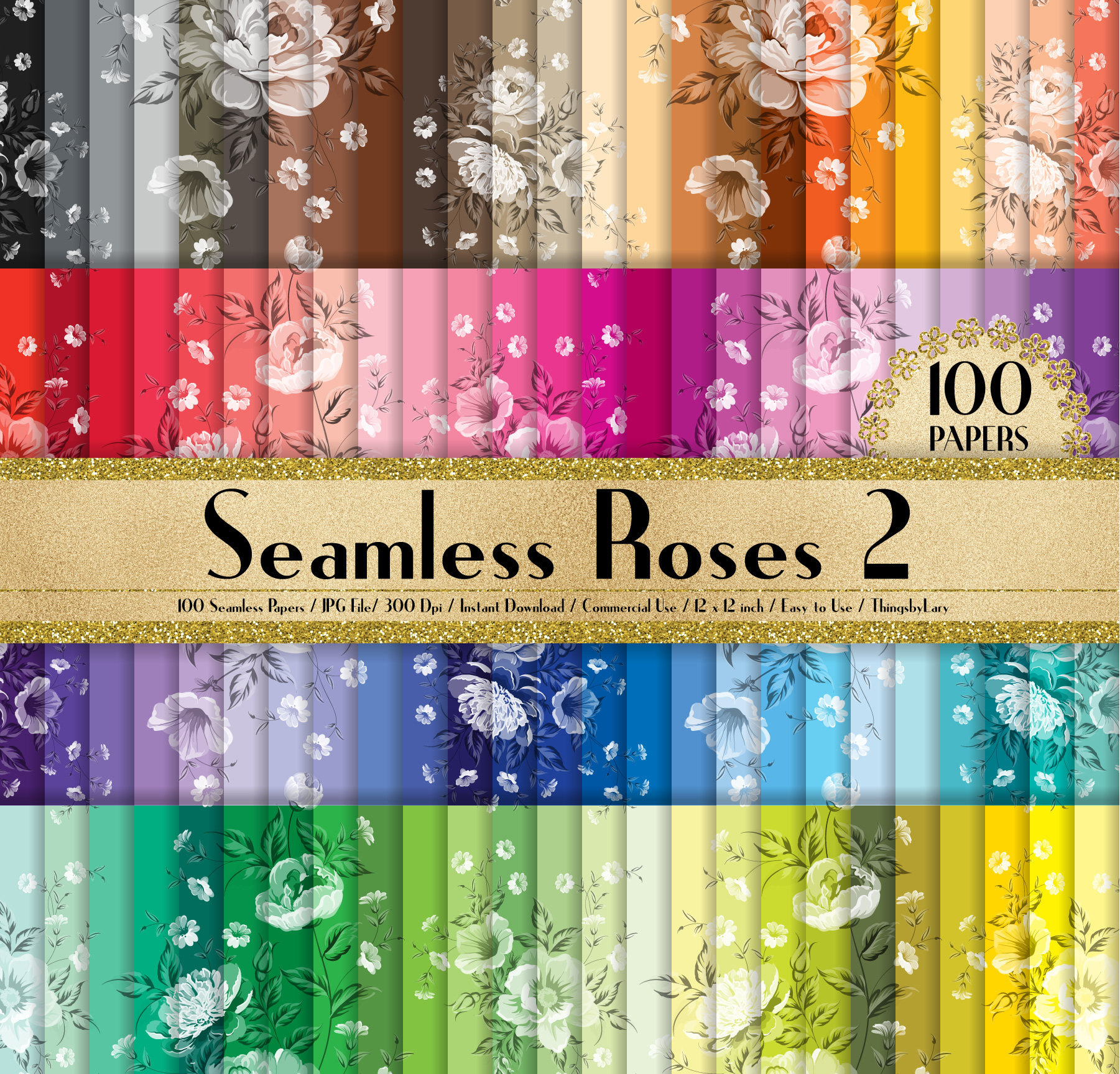 100 Seamless Roses Flower Papers in 12" X 12", 300 Dpi Planner Paper ...