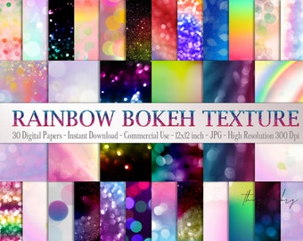 30 Rainbow Shimmering Bokeh Digital Papers 12x12" 300 Dpi Instant Download Commercial Use Scrapbook Colorful Festival Sequin Unicorn Fairy