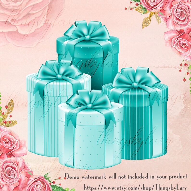 May include: Four teal gift boxes with white polka dots, stripes, and solid teal. Each box has a white satin bow. The boxes are arranged in a pyramid shape on a pink background.