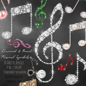 81 Diamond and Pearl Simboli musicali Immagini digitali 300 dpi PNG Download istantaneo Uso commerciale Realistico Diamante Musica Nota chiave Quaver