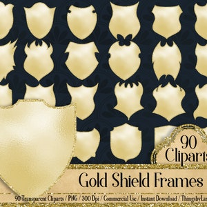 90 Gold Glitter Shield Frames 300 Dpi Planner Paper Commercial Use, Scrapbooking Gold Kit, Digital Gold Foil Frame, Royal Shield Frame