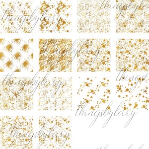 Puede incluir: Un conjunto de 12 patrones de papel digital con salpicaduras de pintura dorada sobre un fondo blanco. Los patrones son perfectos para agregar un toque de glamour a tus dise&ntilde;os digitales.