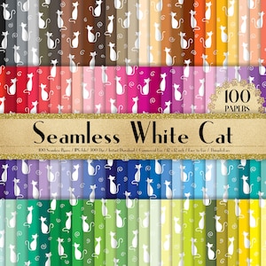 100 Seamless White Cat Pattern Papers in 12&quot; x 12&quot;, 300 Dpi Planner Paper, Scrapbook Paper,Rainbow Paper,100 Cat Paper, 100 Digital Paper