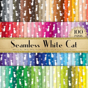 100 Seamless White Cat Pattern Papers in 12" x 12", 300 Dpi Planner Paper, Scrapbook Paper,Rainbow Paper,100 Cat Paper, 100 Digital Paper