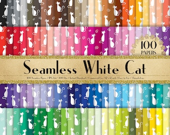 100 Seamless White Cat Pattern Papers in 12" x 12", 300 Dpi Planner Paper, Scrapbook Paper,Rainbow Paper,100 Cat Paper, 100 Digital Paper