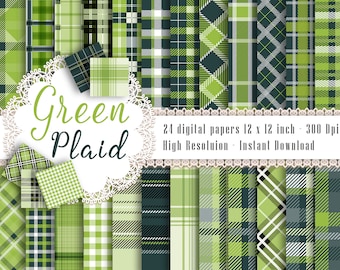 May include: A set of 24 digital papers featuring green plaid patterns in various designs. The papers are 12 x 12 inches and 300 DPI.  The text "Green Plaid" is displayed in a white circle with a lace border.