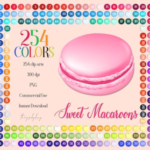 May include: A set of 254 digital clip art images of pink macarons. The macarons are arranged in a grid pattern and are surrounded by a pink background. The text "254 COLORS" is displayed in a large font above the macarons. The text "Sweet Macaroons" is displayed in a cursive font below the macarons.