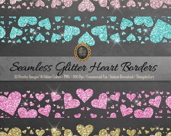 32 Seamless Tileable Glitter Heart Borders Overlay Images PNG 16 Colors Glitter Borders Confetti Clip art Digital Commercial Use Headers