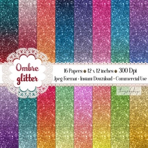 Peut inclure: Un ensemble de 16 papiers numériques avec des motifs de paillettes dégradées dans différentes couleurs. Chaque papier mesure 30,48 cm sur 30,48 cm et 300 DPI. Les papiers sont au format JPEG et sont disponibles en téléchargement instantané et à usage commercial.