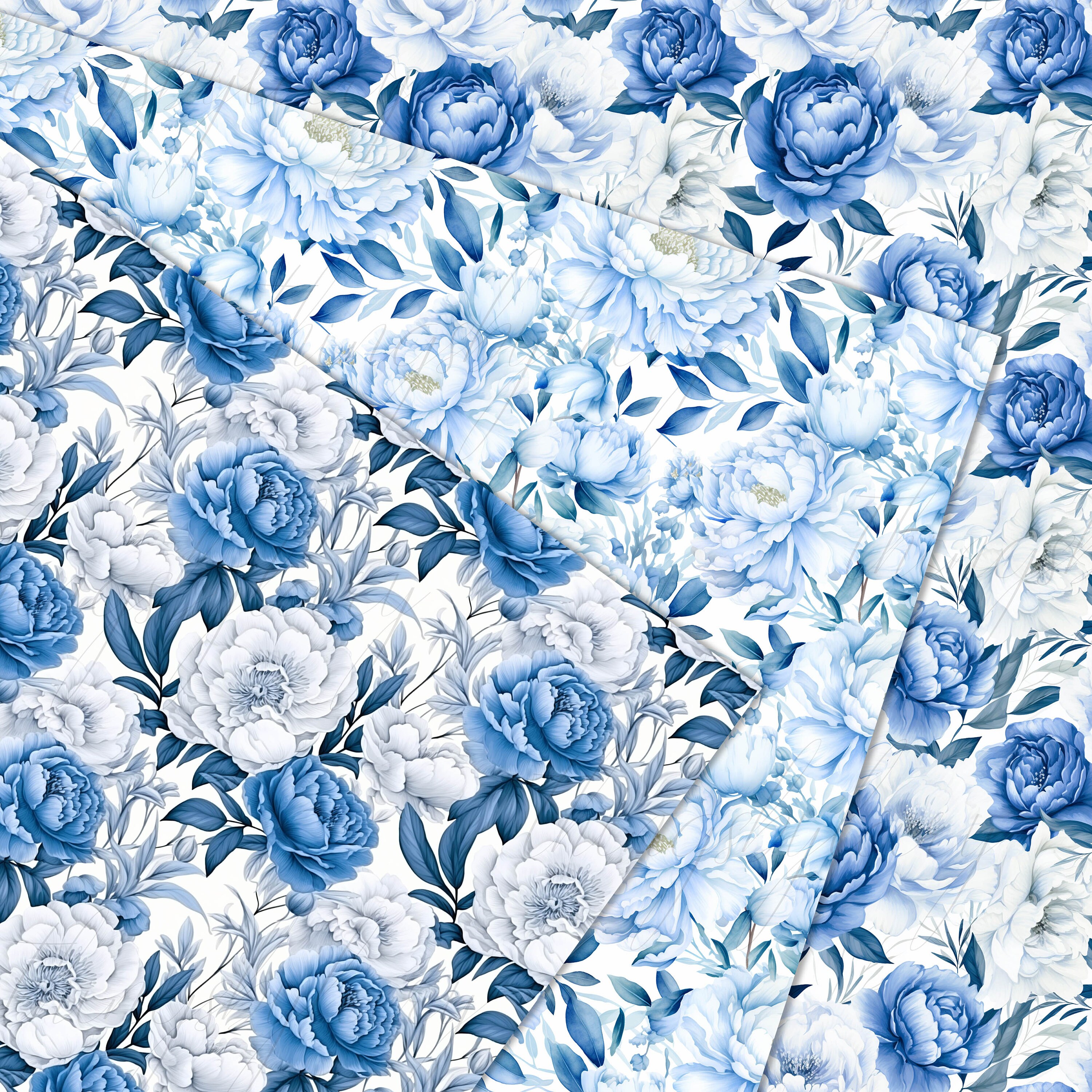 16 Seamless White and Blue Peony Flower Digital Papers Commercial Use ...