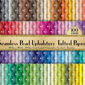 May include: A set of 100 digital papers featuring a seamless pattern of tufted upholstery with pearl accents. The papers are in a variety of colors, including shades of blue, green, pink, purple, and yellow. The papers are 2x2 inches and 300 dpi.