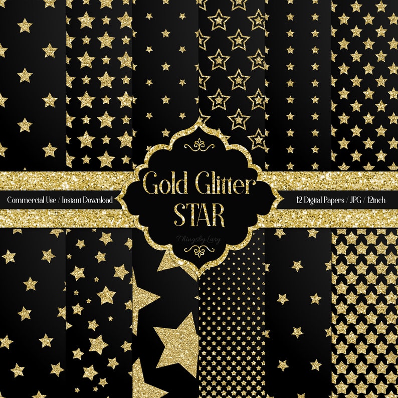 12 Gold Glitter Star Digital Papers 12 Inch 300 Dpi Planner Etsy