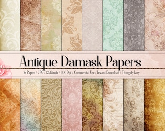 32 Antique Damask Papers Instant Download Commercial Use 300 Dpi Vintage Damask, Antique Damask, Retro Damask Parchment Old Paper