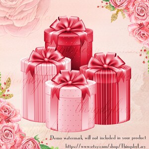 May include: Four red and pink gift boxes with white polka dots and stripes. The boxes are tied with red bows and are arranged in a pyramid shape. The background is a light pink with a watercolor effect.